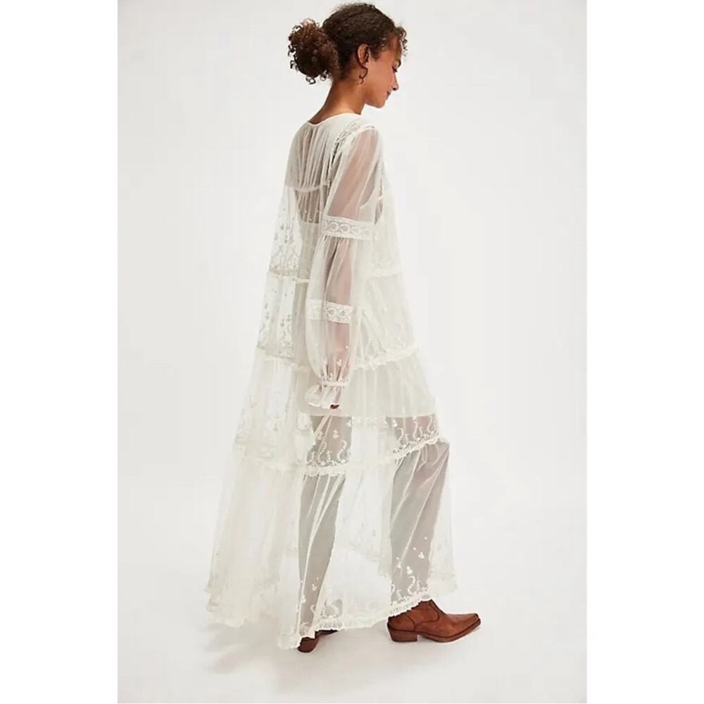 Free People White Ruffled Tiered Gown with Bishop Sleeves